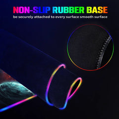 Close-up of the rolled Exoplanets RGB deskmat showing its black rubber underside and illuminated stitched edge.