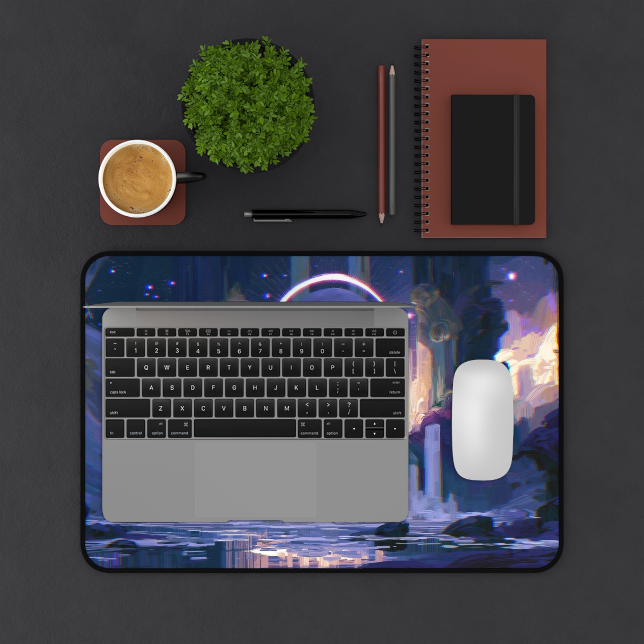 The Threshold deskmat — glowing portal above ruined fantasy stairs, printed edge to edge on a neoprene desk mat