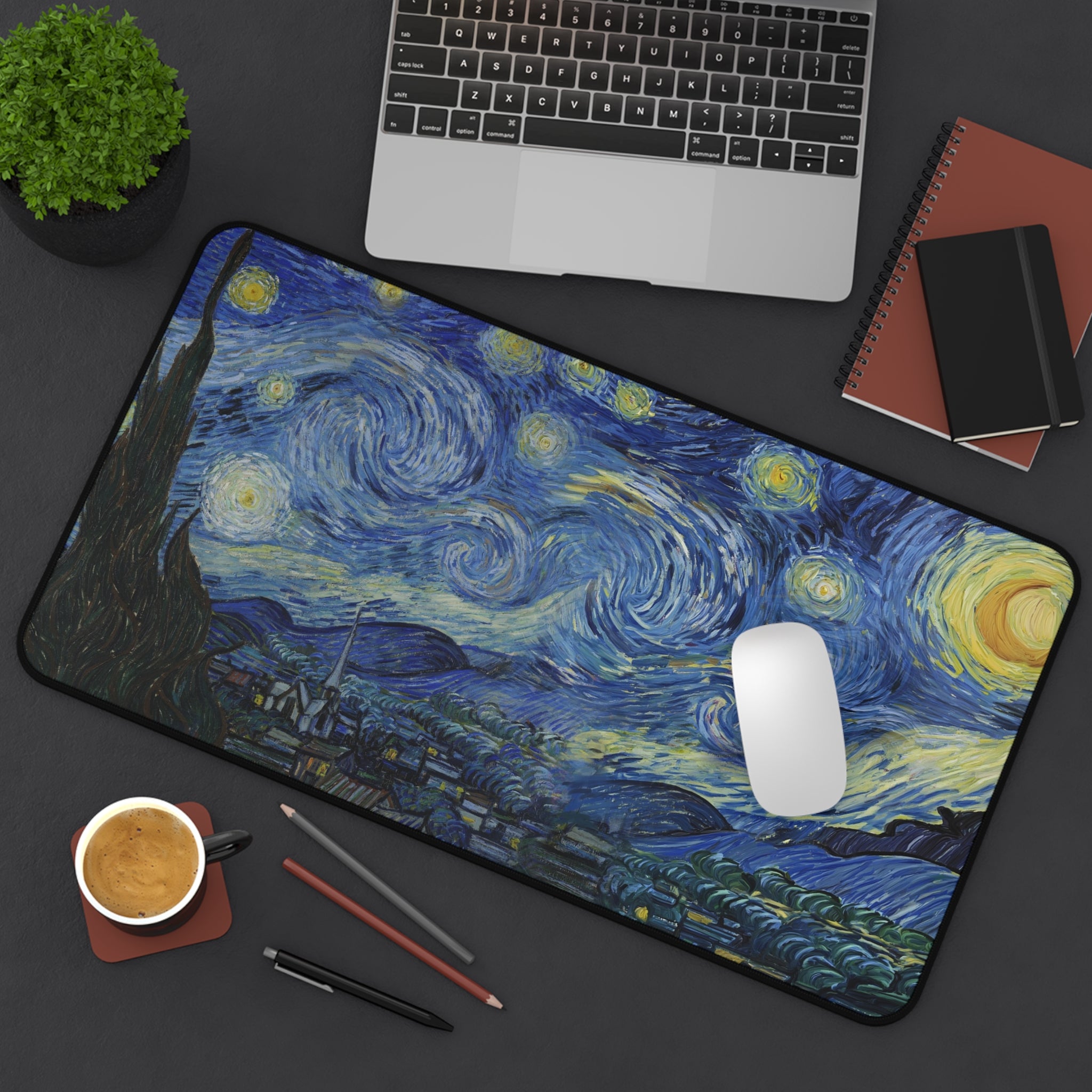 Starry Night deskmat — Van Gogh's swirling night sky over a sleeping village, printed edge to edge on a neoprene desk mat