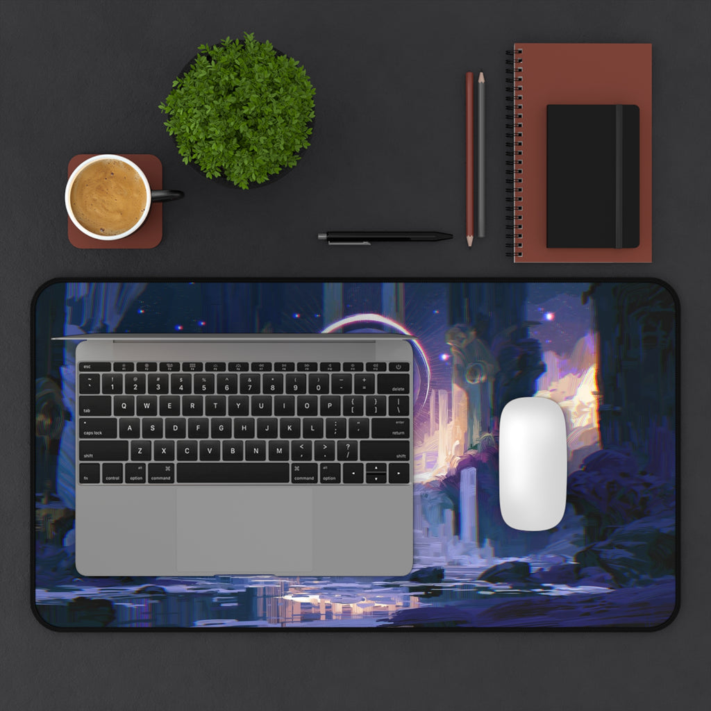The Threshold deskmat — glowing portal above ruined fantasy stairs, printed edge to edge on a neoprene desk mat