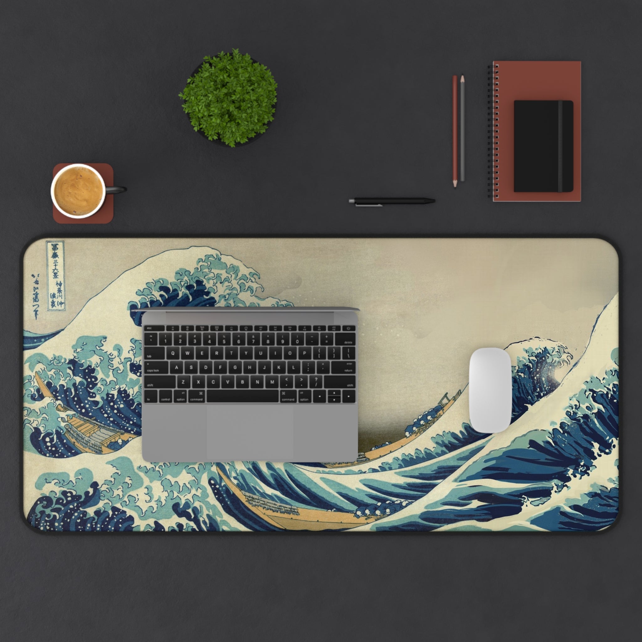 The Great Wave deskmat — Hokusai's ukiyo-e wave in ink and cream, printed edge to edge on a neoprene desk mat