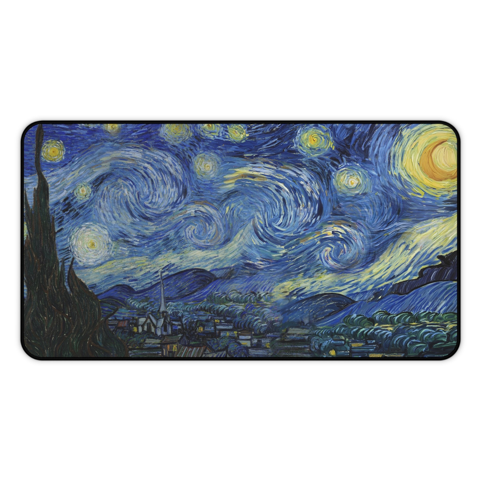 Starry Night deskmat — Van Gogh's swirling night sky over a sleeping village, printed edge to edge on a neoprene desk mat