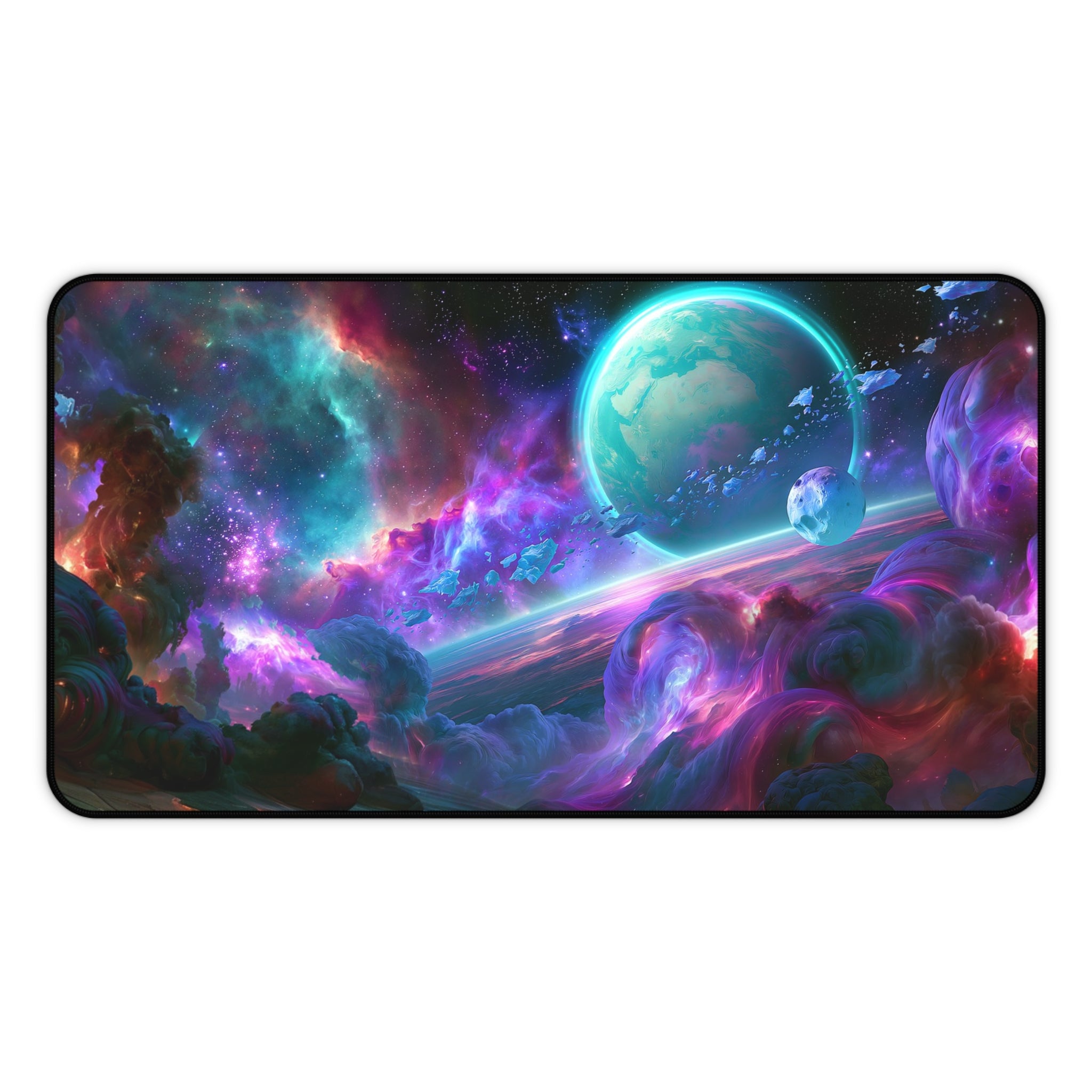 Ringfall deskmat — ringed planet rising through a teal and violet nebula, printed edge to edge on a neoprene desk mat