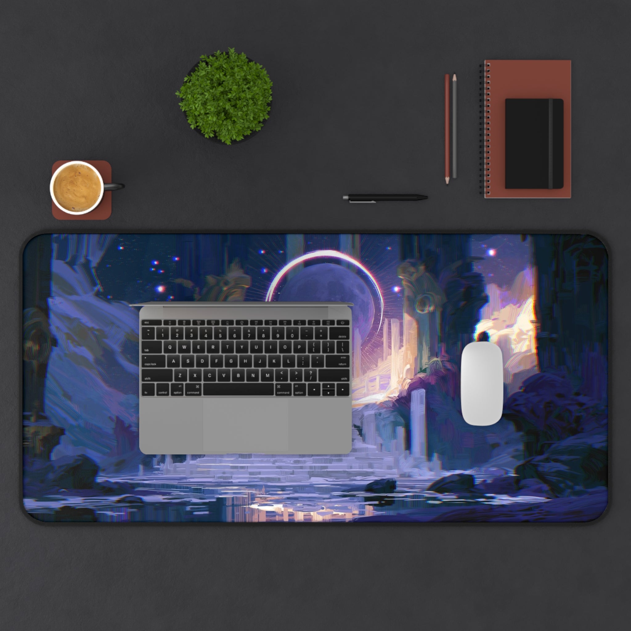 The Threshold deskmat — glowing portal above ruined fantasy stairs, printed edge to edge on a neoprene desk mat