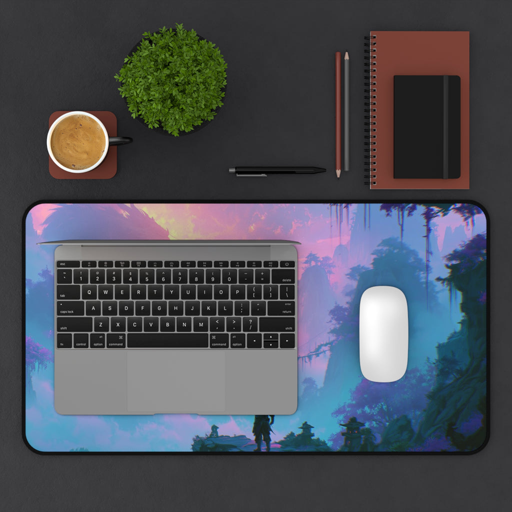 The Crossing deskmat — rope bridge over a misty teal jungle valley, printed edge to edge on a neoprene desk mat