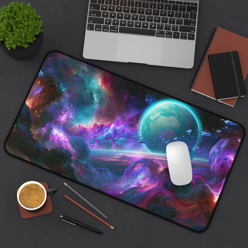 Ringfall deskmat — ringed planet rising through a teal and violet nebula, printed edge to edge on a neoprene desk mat