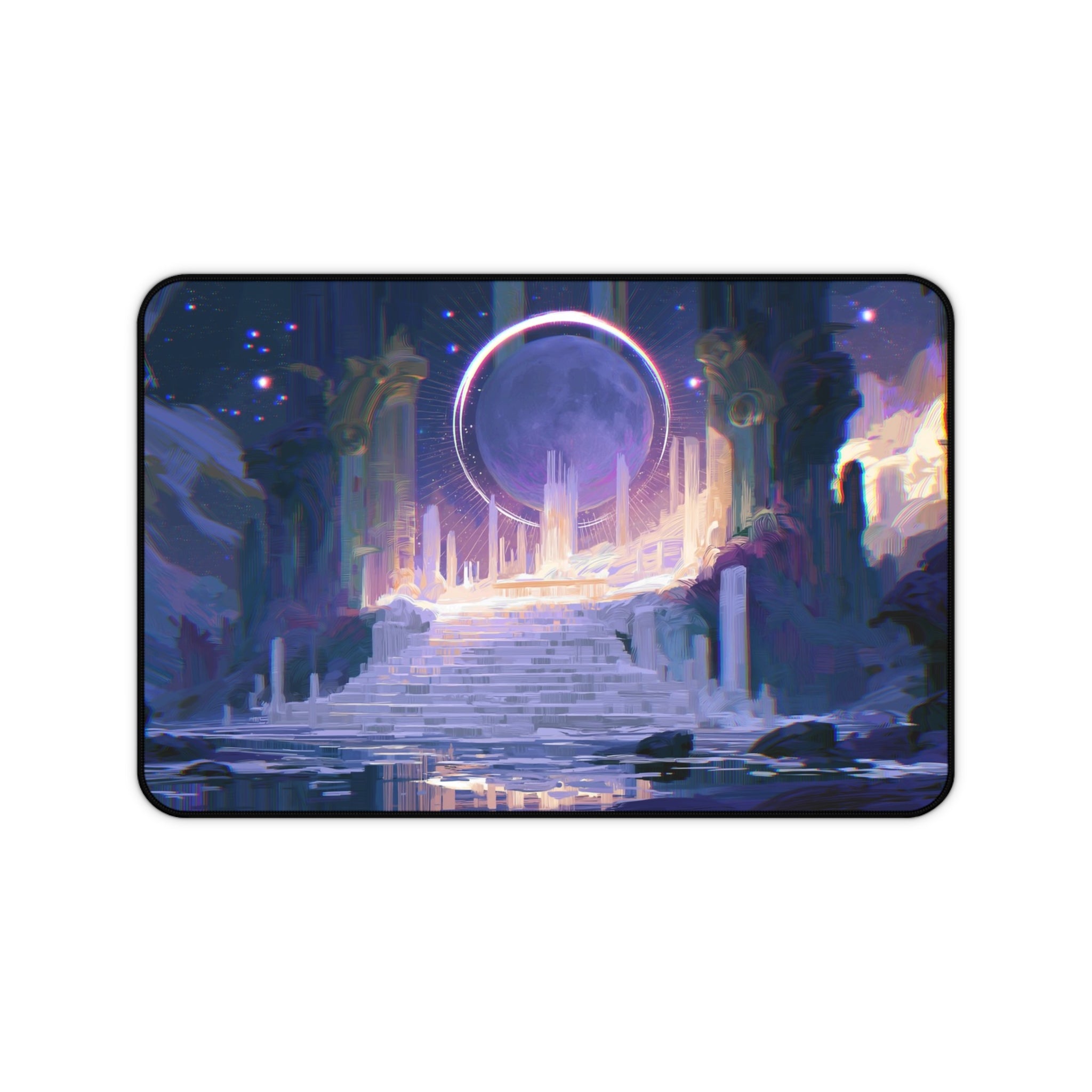 The Threshold deskmat — glowing portal above ruined fantasy stairs, printed edge to edge on a neoprene desk mat