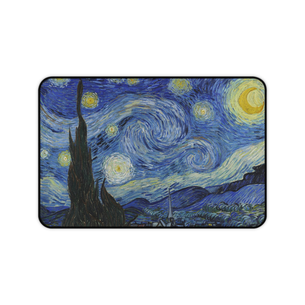 Starry Night deskmat — Van Gogh's swirling night sky over a sleeping village, printed edge to edge on a neoprene desk mat
