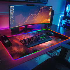 Gaming desk setup with The Cradle RGB deskmat, keyboard, mouse, and widescreen monitor.