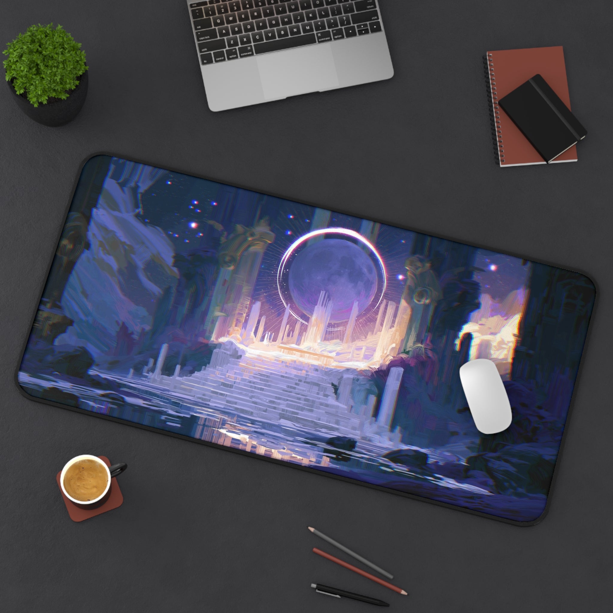 The Threshold deskmat — glowing portal above ruined fantasy stairs, printed edge to edge on a neoprene desk mat