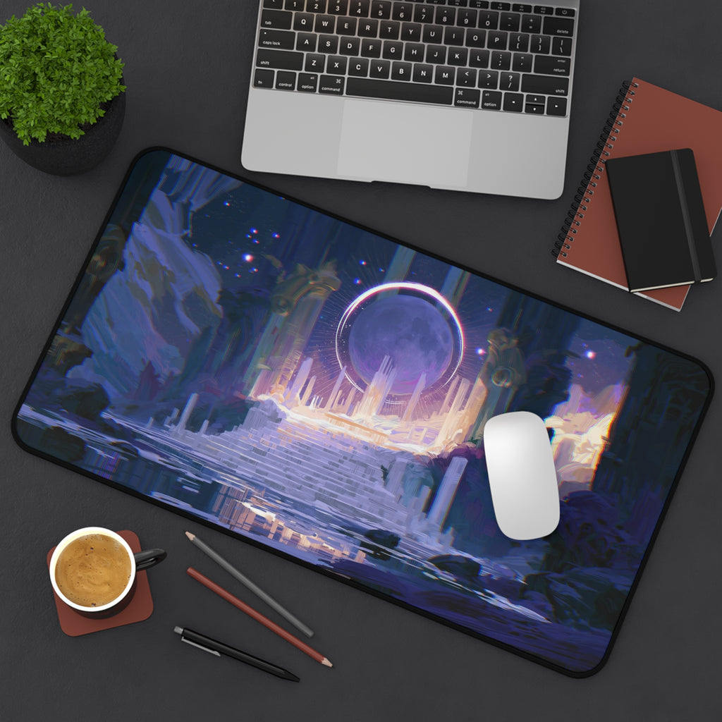 The Threshold deskmat — glowing portal above ruined fantasy stairs, printed edge to edge on a neoprene desk mat