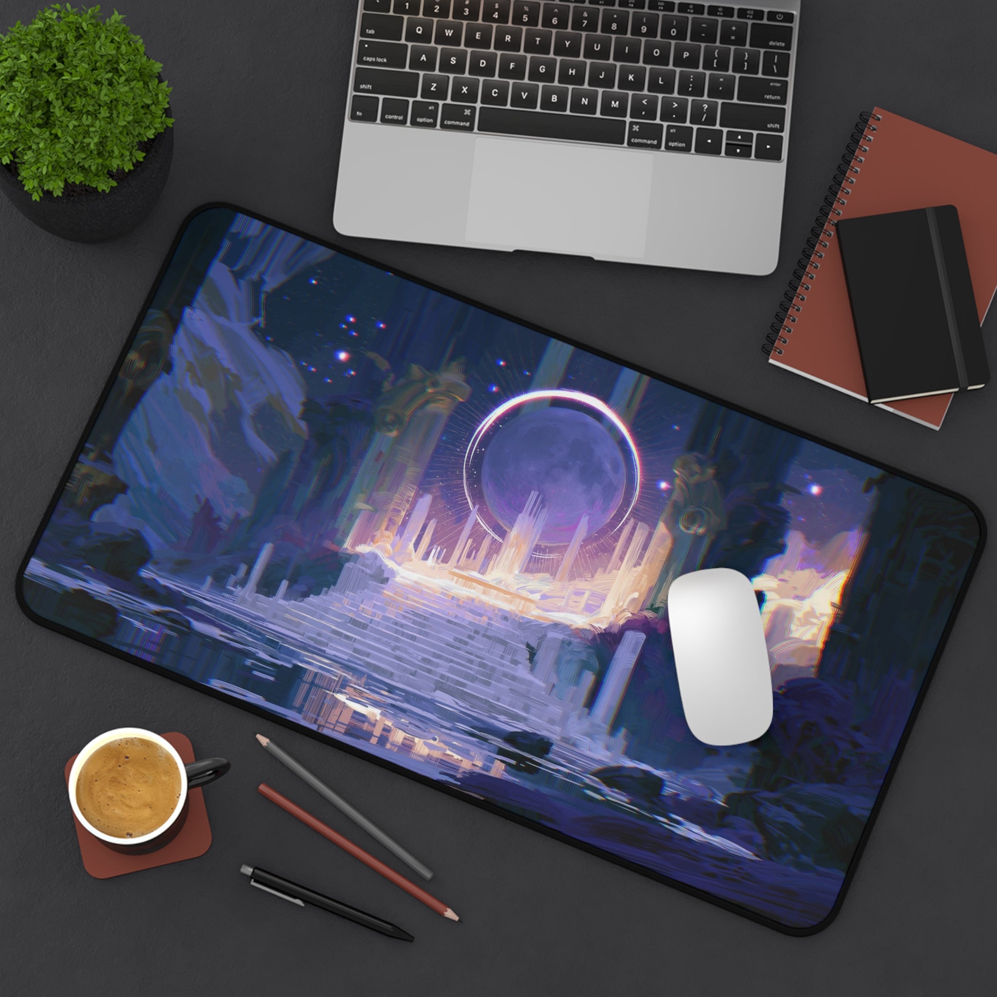 The Threshold deskmat — glowing portal above ruined fantasy stairs, printed edge to edge on a neoprene desk mat