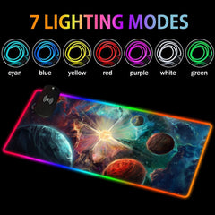 Exoplanets RGB deskmat beneath seven labeled RGB lighting color examples.