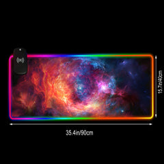 Front view of The Cradle RGB deskmat with size arrows showing 35.4 by 15.7 inches.