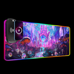 Psychic RGB deskmat on a black background with a phone charging on the raised wireless module.