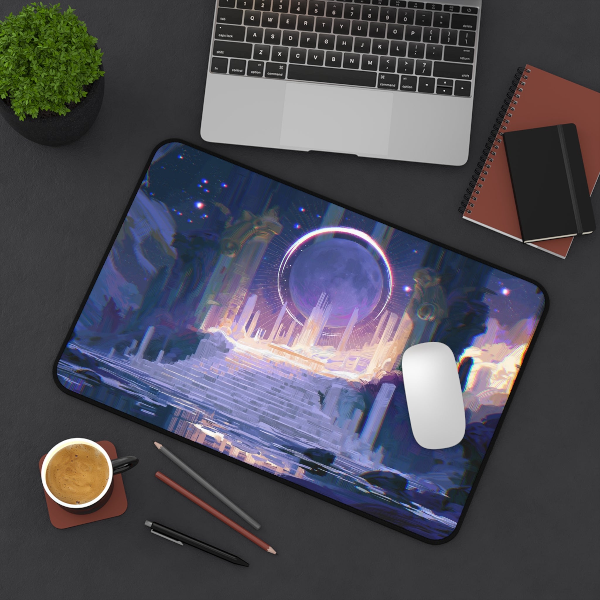 The Threshold deskmat — glowing portal above ruined fantasy stairs, printed edge to edge on a neoprene desk mat