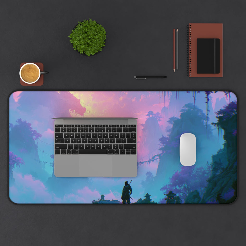 The Crossing deskmat — rope bridge over a misty teal jungle valley, printed edge to edge on a neoprene desk mat