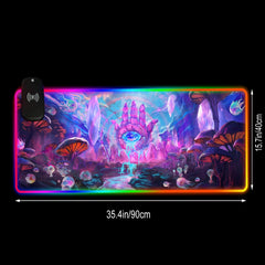 Front view of the Psychic RGB deskmat with size arrows showing 35.4 by 15.7 inches.