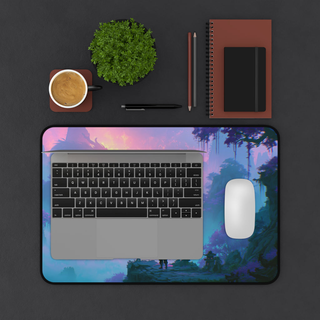 The Crossing deskmat — rope bridge over a misty teal jungle valley, printed edge to edge on a neoprene desk mat