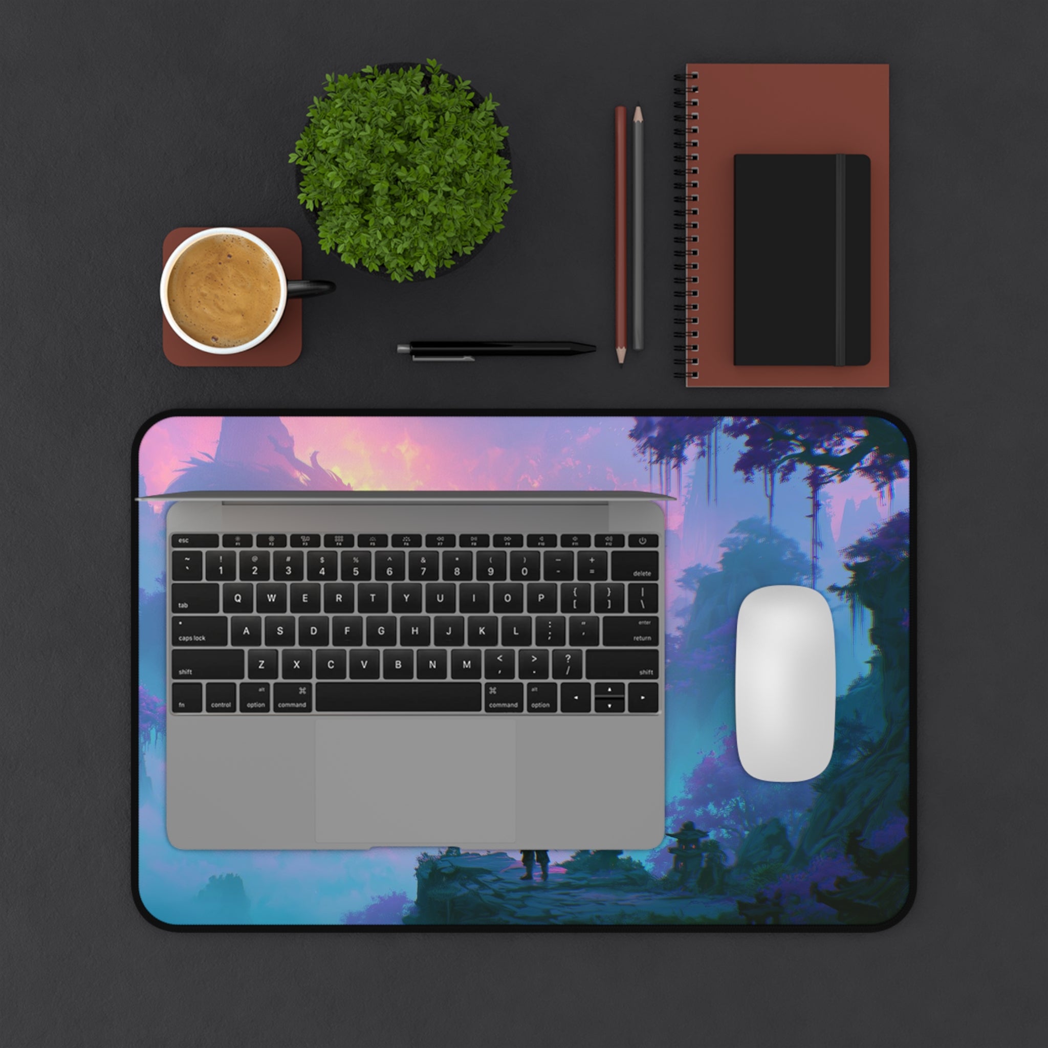 The Crossing deskmat — rope bridge over a misty teal jungle valley, printed edge to edge on a neoprene desk mat