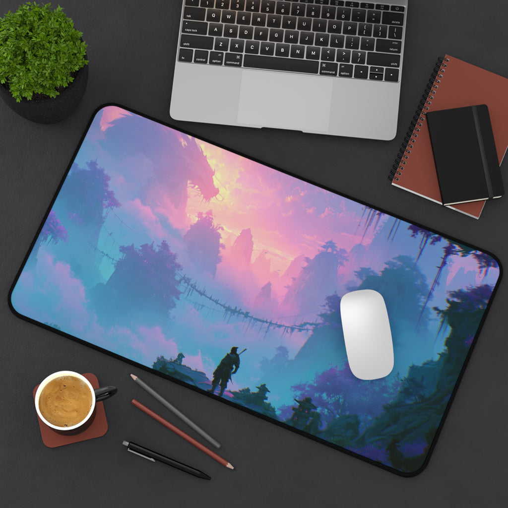 The Crossing deskmat — rope bridge over a misty teal jungle valley, printed edge to edge on a neoprene desk mat