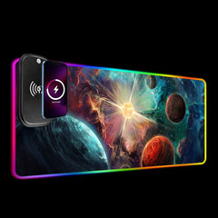 Exoplanets RGB deskmat on a black background with a phone charging on the raised wireless module.