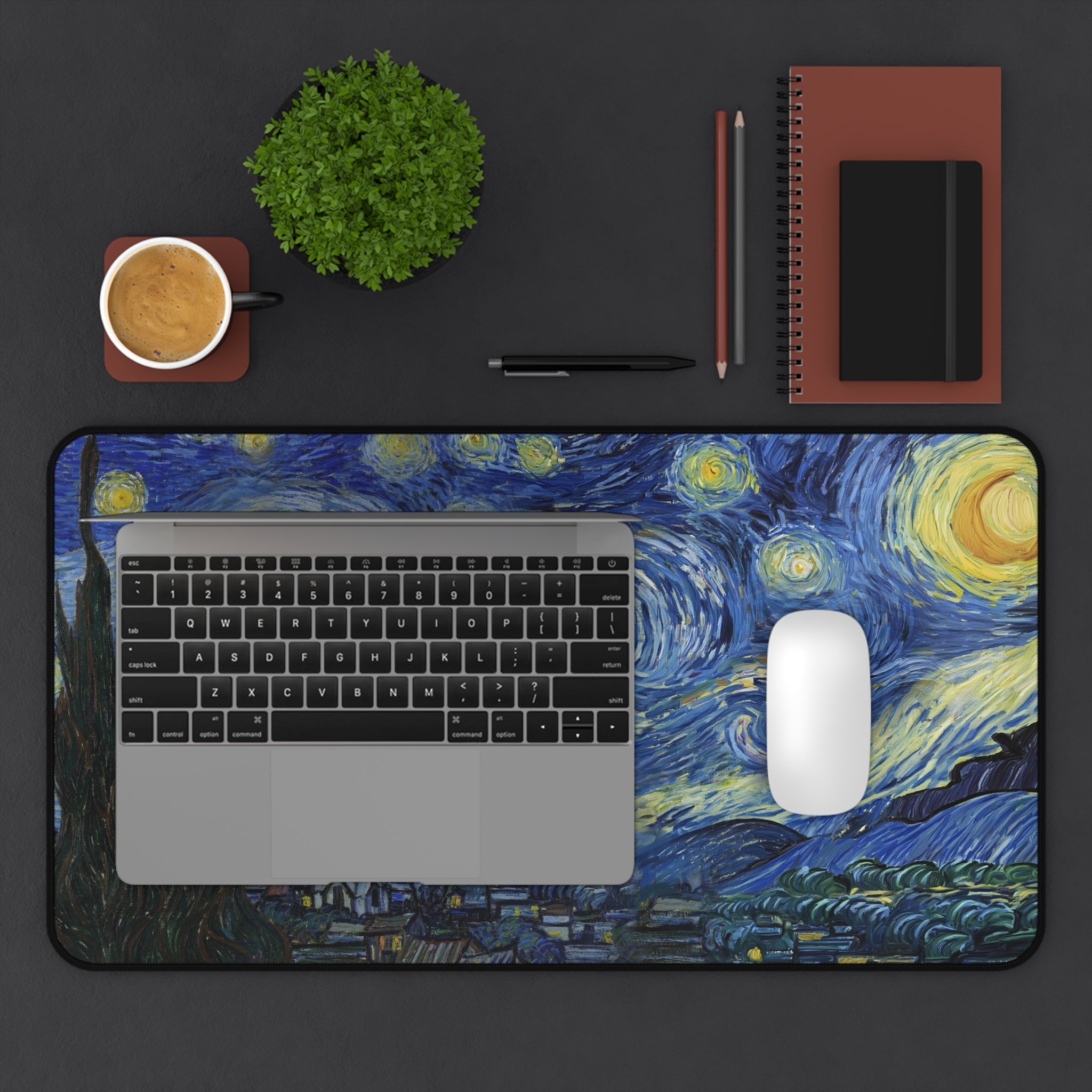 Starry Night deskmat — Van Gogh's swirling night sky over a sleeping village, printed edge to edge on a neoprene desk mat