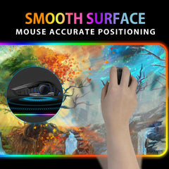 Hand using a mouse on the Seasons RGB deskmat, with a close-up inset of the mouse surface.