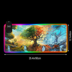 Front view of the Seasons RGB deskmat with size arrows showing 35.4 by 15.7 inches.