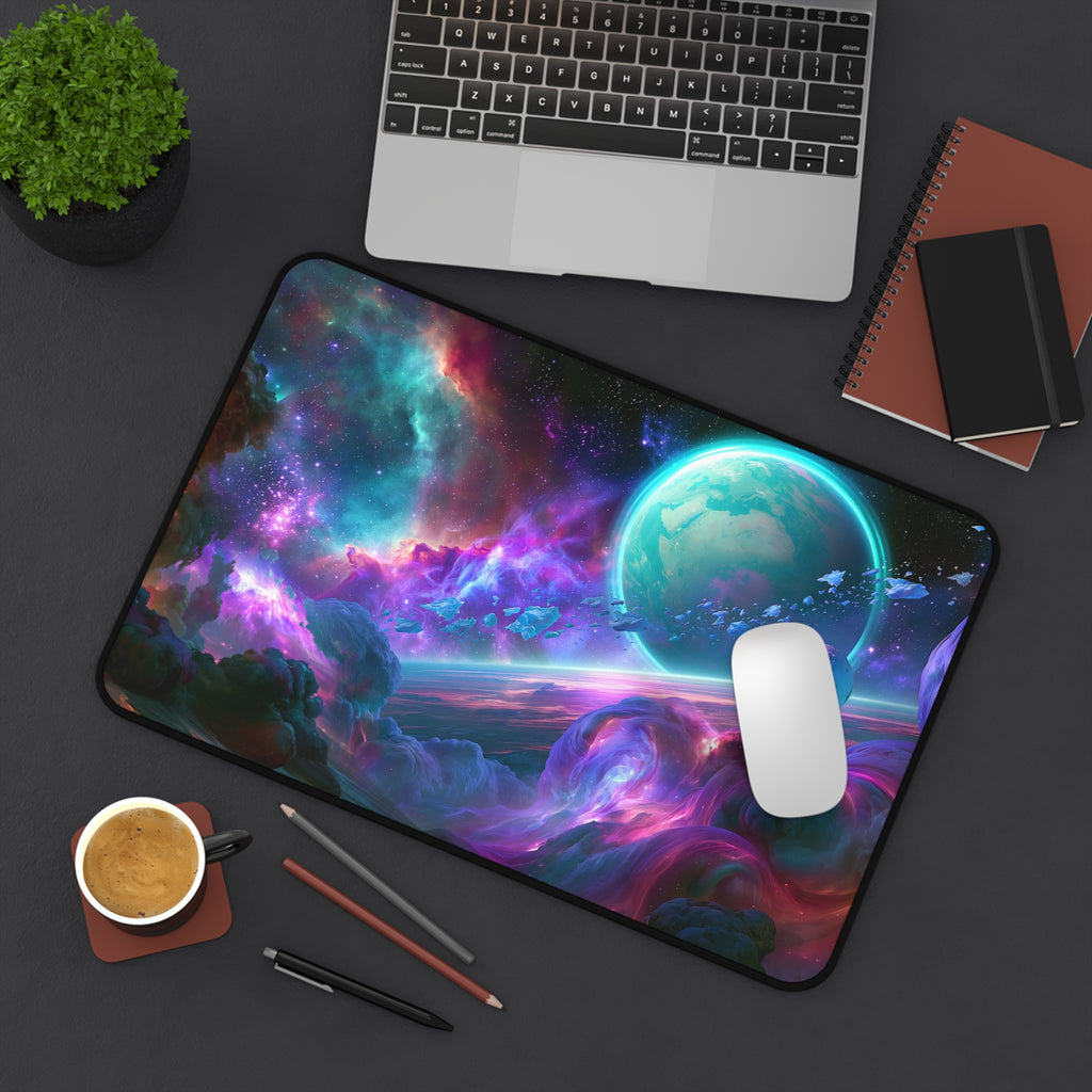 Ringfall deskmat — ringed planet rising through a teal and violet nebula, printed edge to edge on a neoprene desk mat