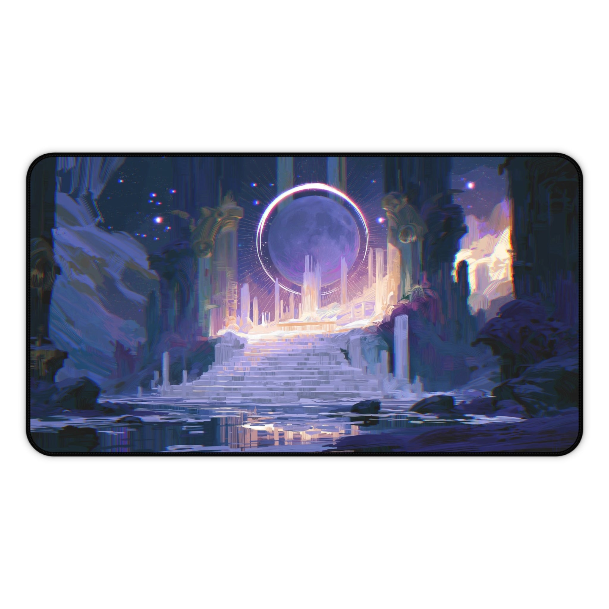 The Threshold deskmat — glowing portal above ruined fantasy stairs, printed edge to edge on a neoprene desk mat