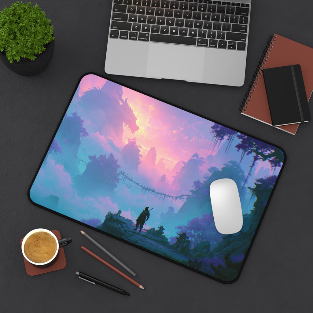 The Crossing deskmat — rope bridge over a misty teal jungle valley, printed edge to edge on a neoprene desk mat