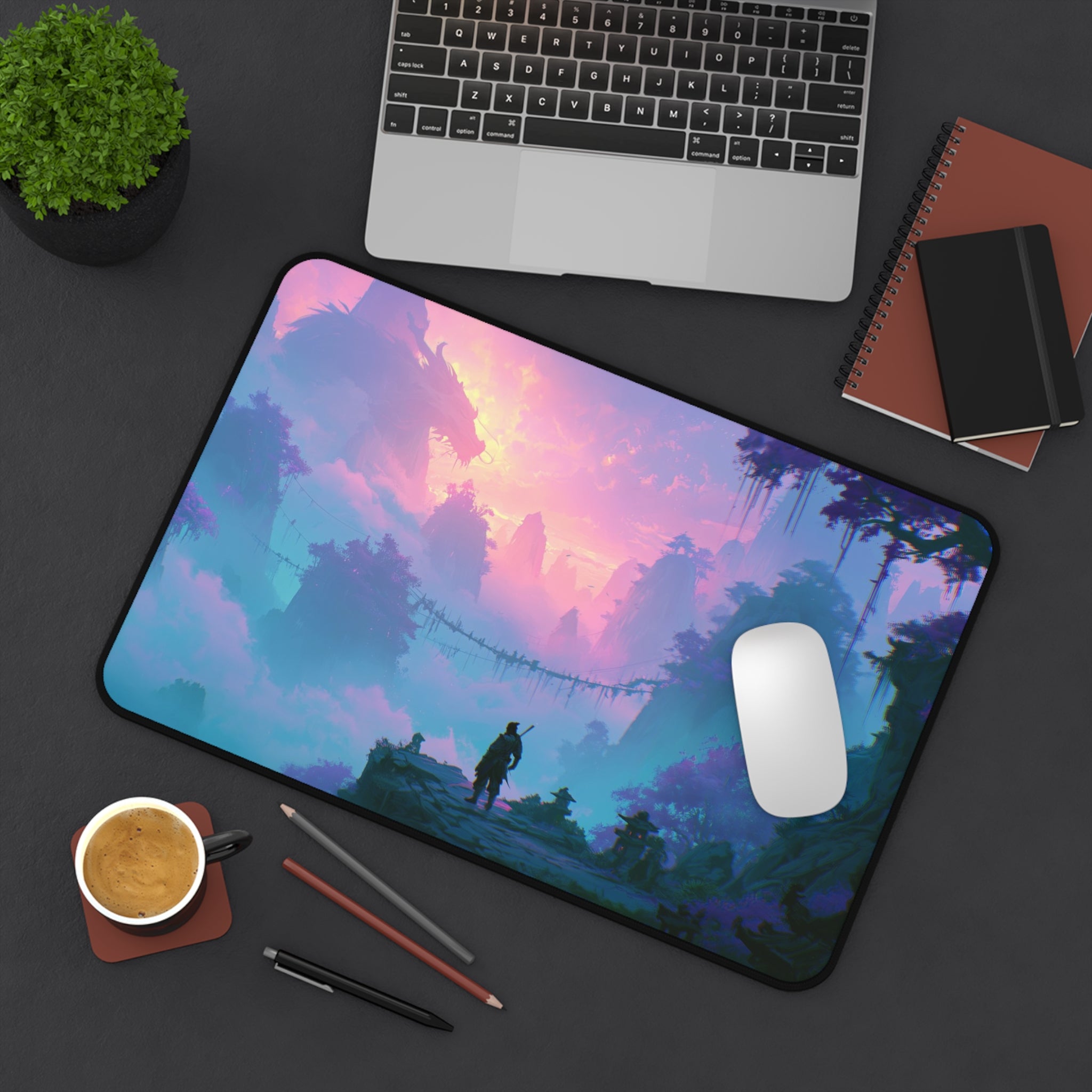 The Crossing deskmat — rope bridge over a misty teal jungle valley, printed edge to edge on a neoprene desk mat