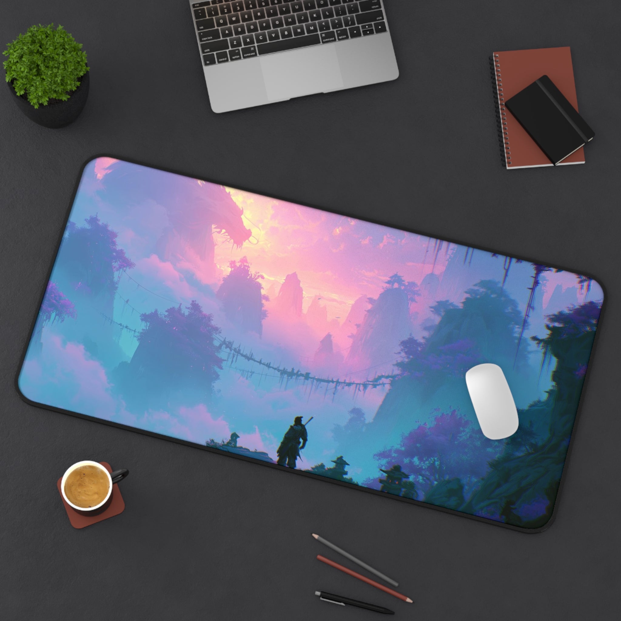 The Crossing deskmat — rope bridge over a misty teal jungle valley, printed edge to edge on a neoprene desk mat