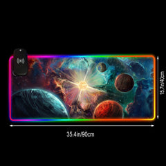 Front view of the Exoplanets RGB deskmat with size arrows showing 35.4 by 15.7 inches.