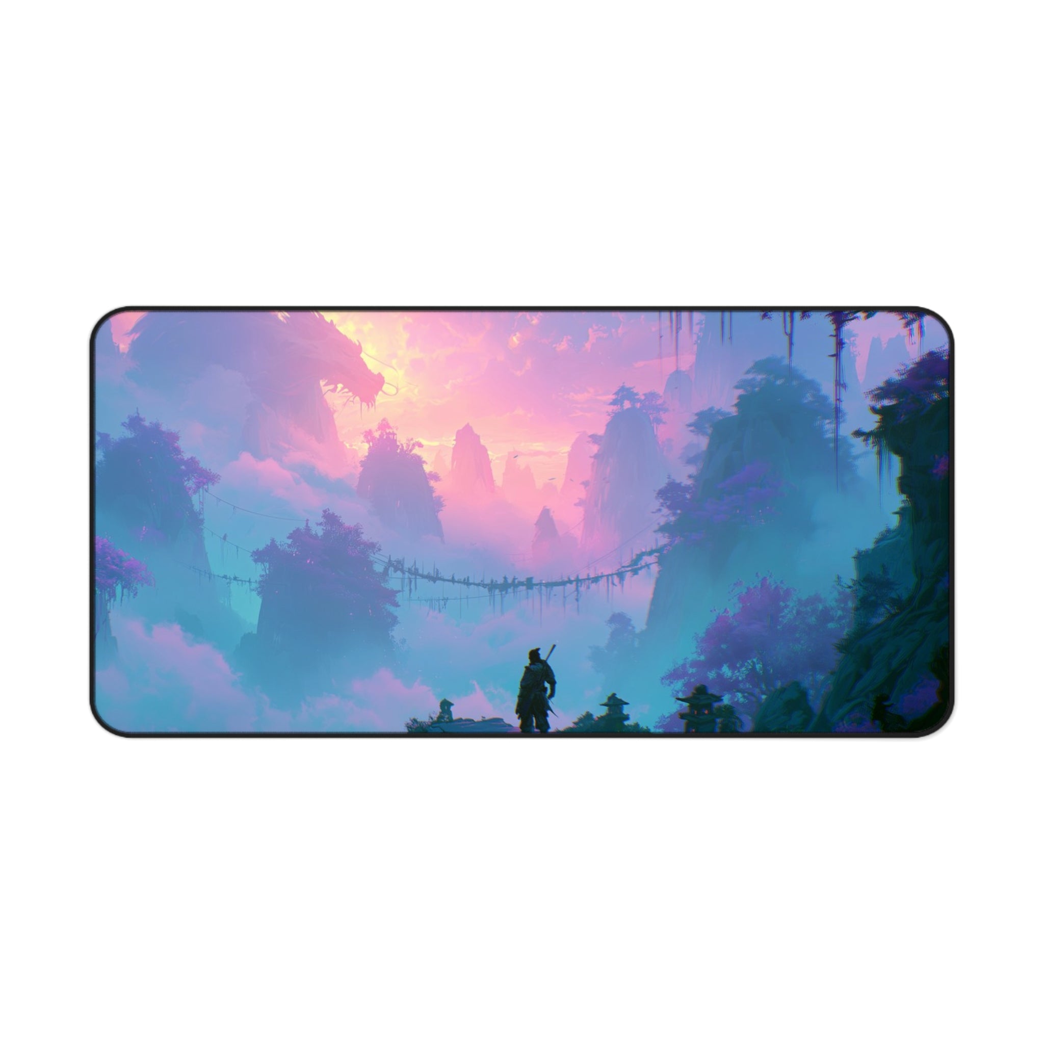 The Crossing deskmat — rope bridge over a misty teal jungle valley, printed edge to edge on a neoprene desk mat