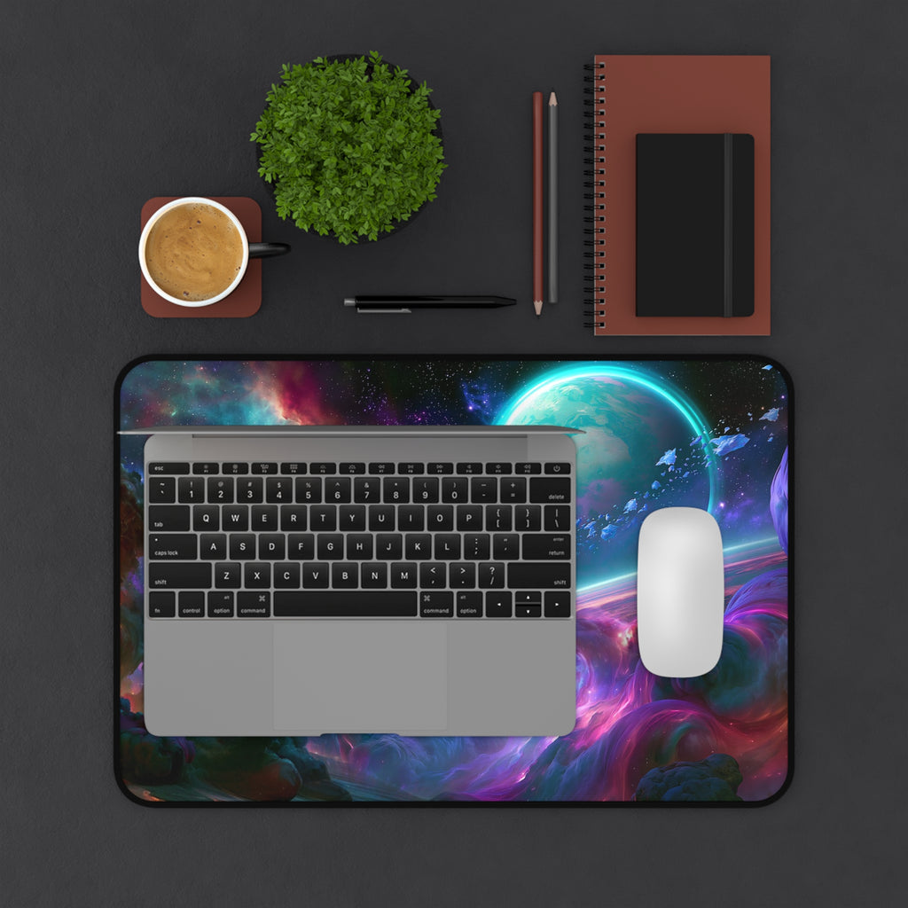 Ringfall deskmat — ringed planet rising through a teal and violet nebula, printed edge to edge on a neoprene desk mat
