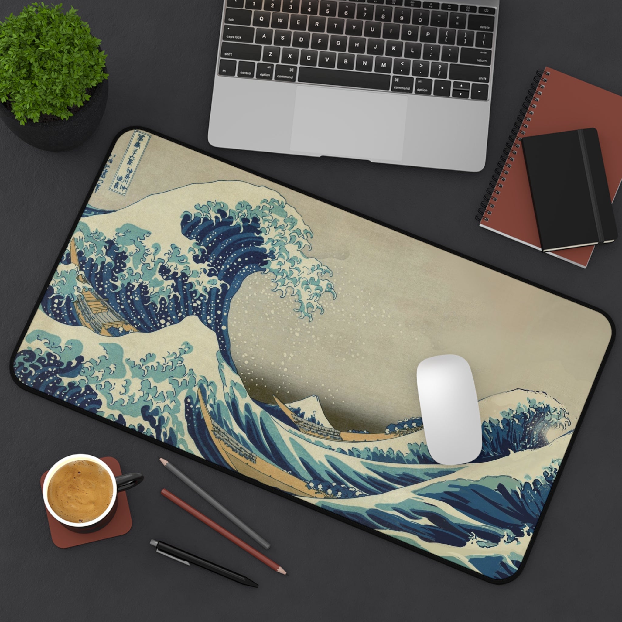 The Great Wave deskmat — Hokusai's ukiyo-e wave in ink and cream, printed edge to edge on a neoprene desk mat