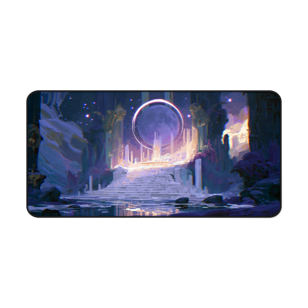 The Threshold deskmat — glowing portal above ruined fantasy stairs, printed edge to edge on a neoprene desk mat