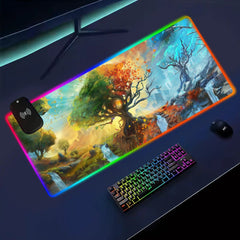 Angled dark desk setup with the Seasons RGB deskmat, wireless charging module, keyboard, and mouse.