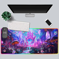 Top-down white desk setup with the Psychic RGB deskmat, keyboard, monitor, phone, and plant.