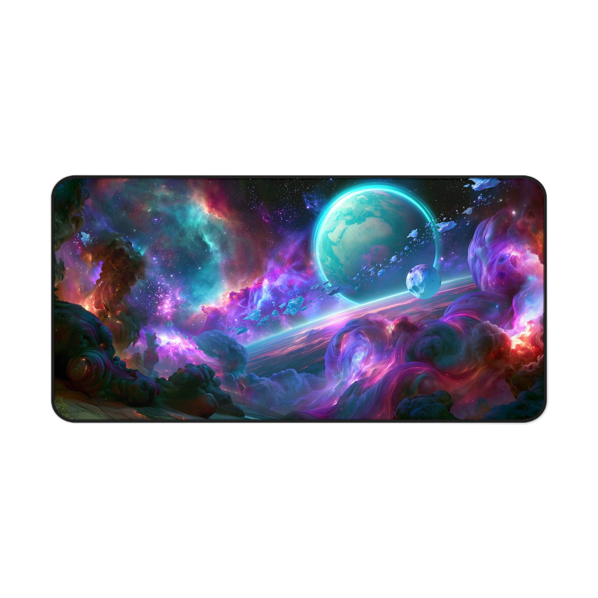 Ringfall deskmat — ringed planet rising through a teal and violet nebula, printed edge to edge on a neoprene desk mat