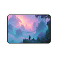 The Crossing deskmat — rope bridge over a misty teal jungle valley, printed edge to edge on a neoprene desk mat