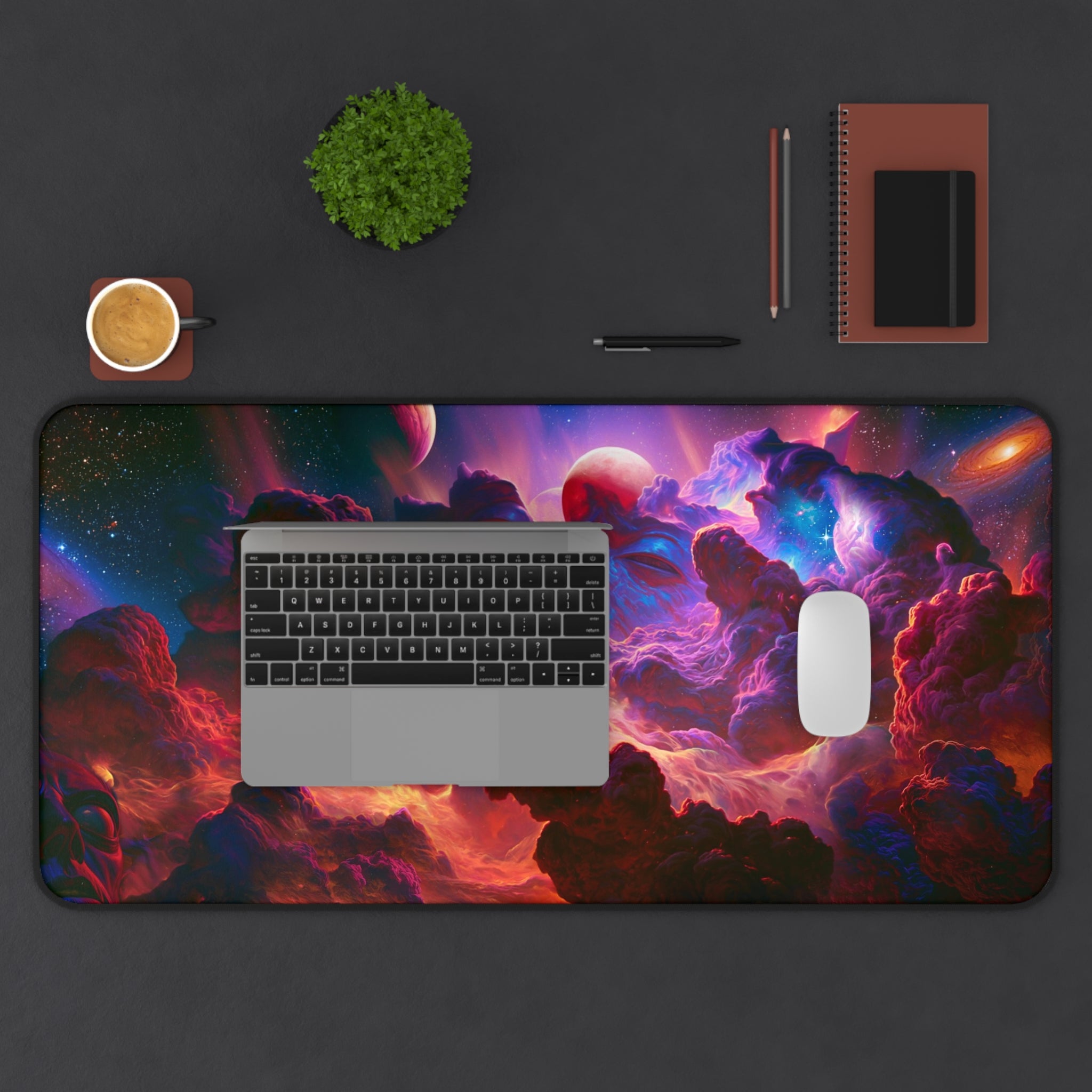 Ember Field deskmat — burning red and violet nebula clouds, printed edge to edge on a neoprene desk mat