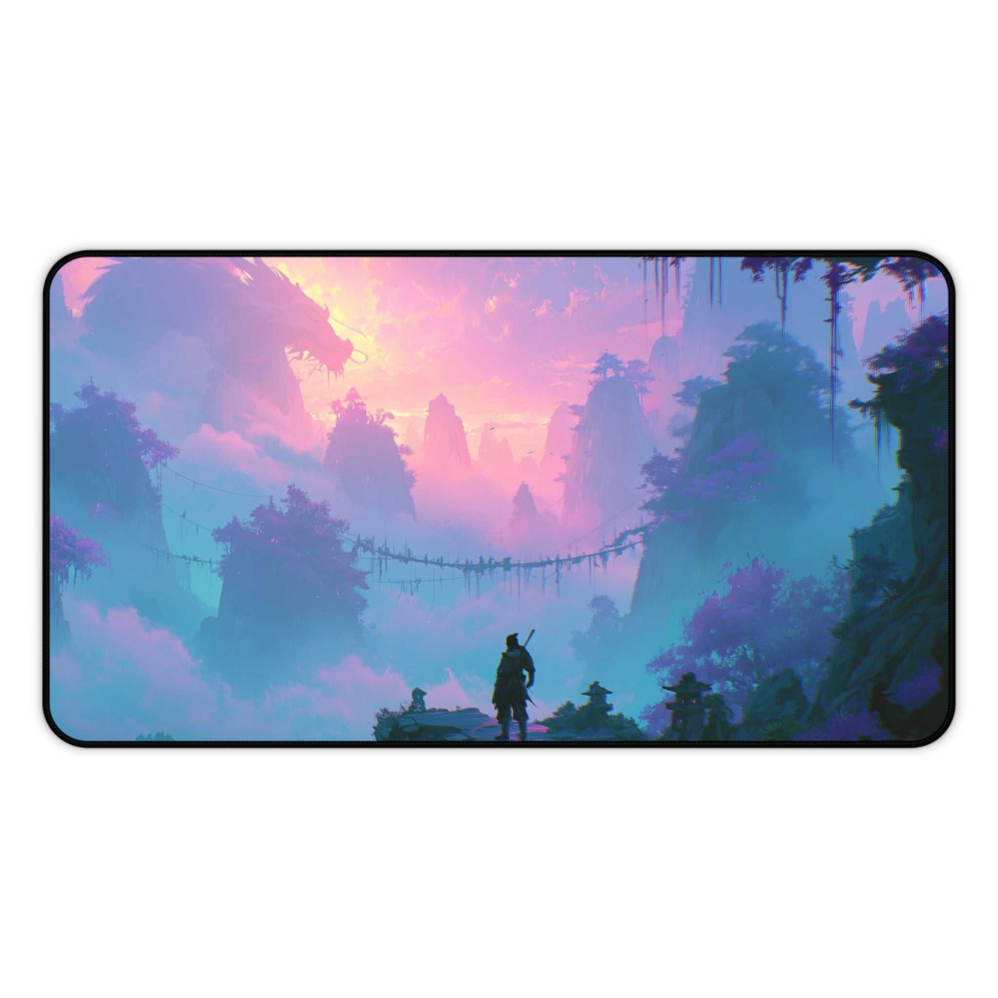 The Crossing deskmat — rope bridge over a misty teal jungle valley, printed edge to edge on a neoprene desk mat