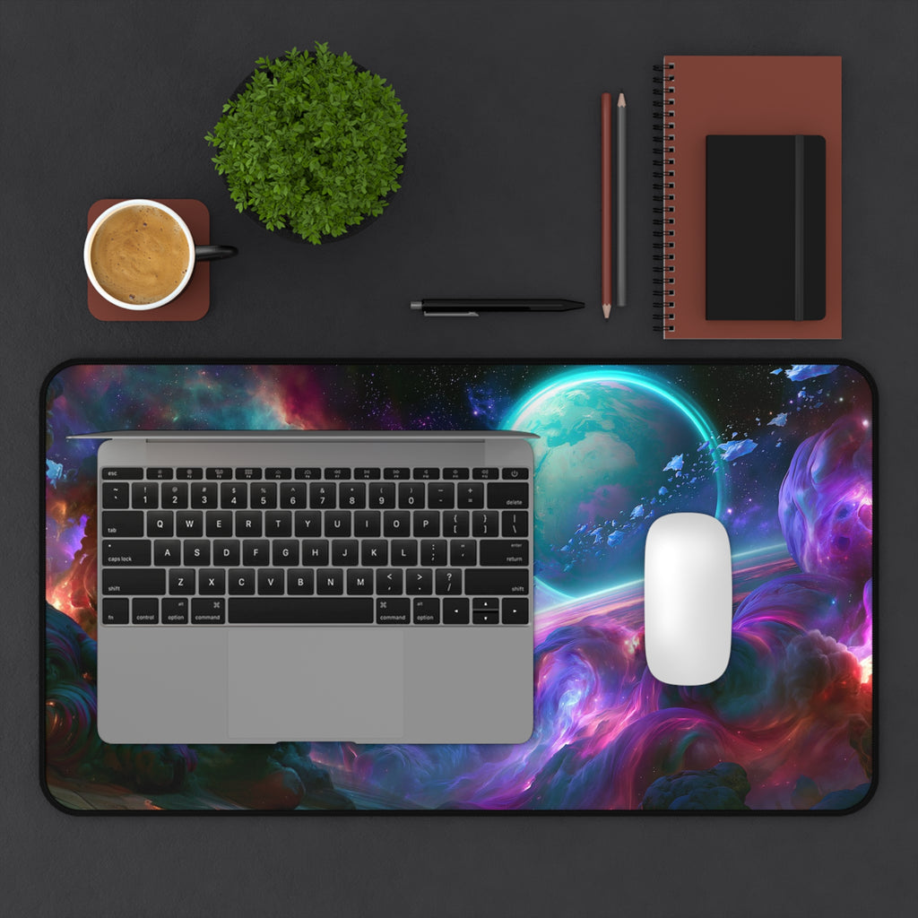 Ringfall deskmat — ringed planet rising through a teal and violet nebula, printed edge to edge on a neoprene desk mat