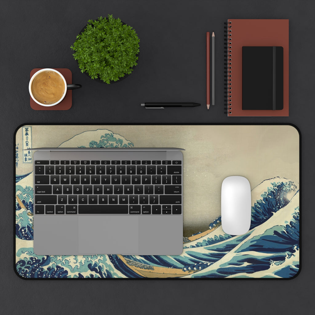 The Great Wave deskmat — Hokusai's ukiyo-e wave in ink and cream, printed edge to edge on a neoprene desk mat