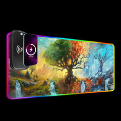 Seasons RGB deskmat on a black background with a phone charging on the raised wireless module.