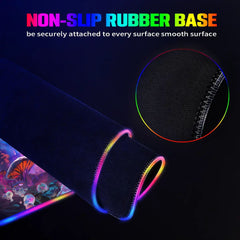 Close-up of the rolled Psychic RGB deskmat showing its black rubber underside and illuminated stitched edge.