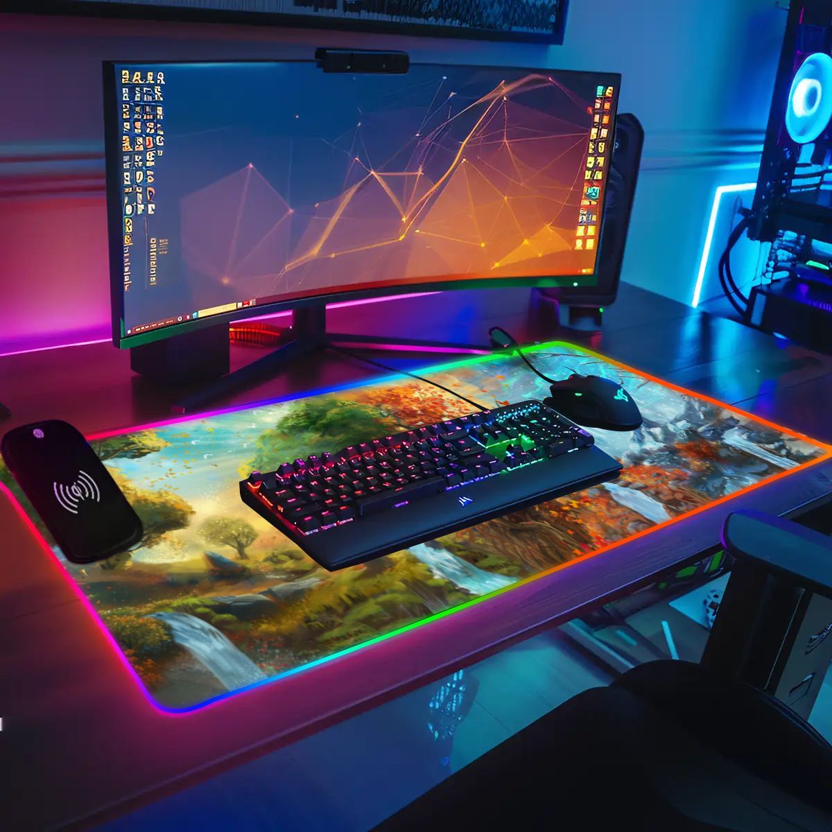 Gaming desk setup with the Seasons RGB deskmat, keyboard, mouse, and widescreen monitor.